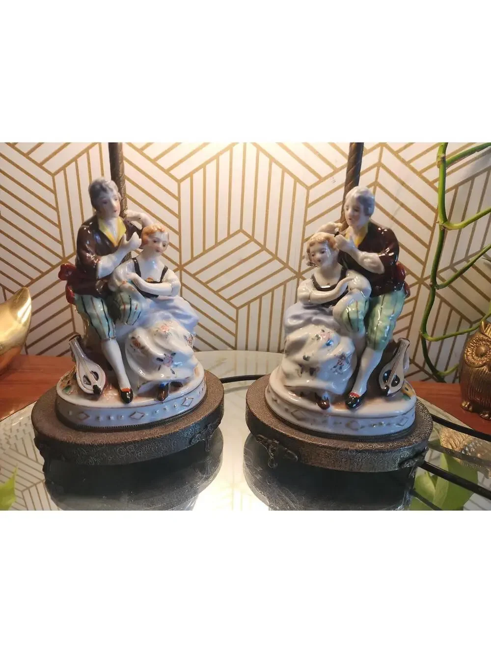 Vintage 1940s Pair of Porcelain Colonial Figural Lamps on Ornate Brass Bases
